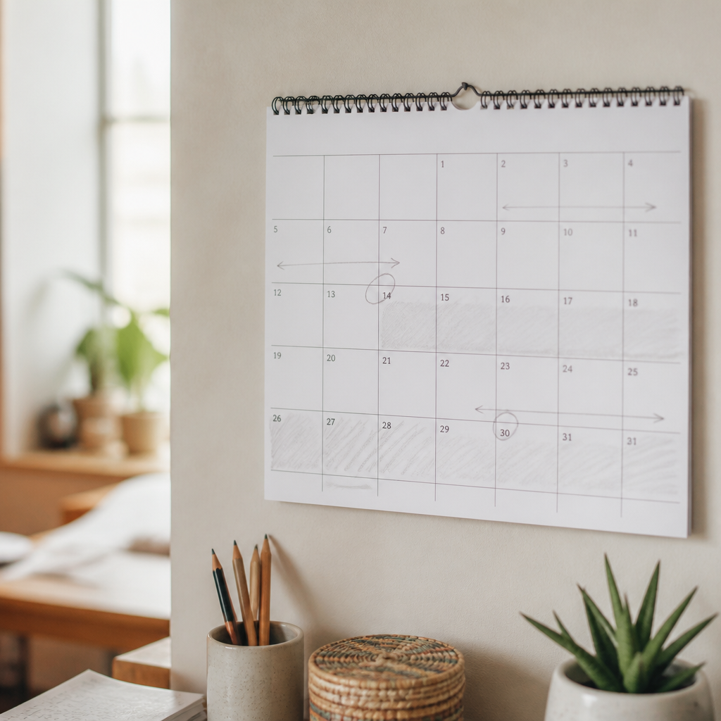Calendrier mural annoté au crayon, avec les semaines de vacances d'hiver et de printemps entourées
