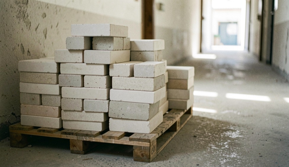 Une pile de carreaux de grès clair empilés sur une palette dans un couloir, à côté d
