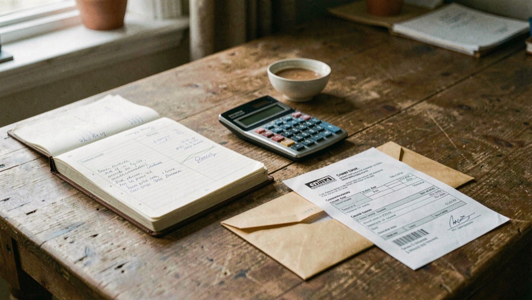 Une table de cuisine avec un carnet de comptes, une calculatrice, une enveloppe de courrier et un devis imprimé.