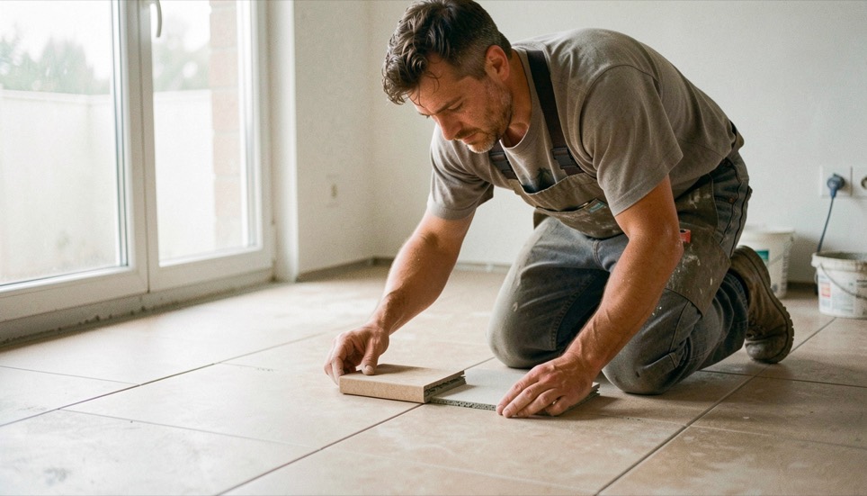 Un carreleur à genoux pose des carreaux beiges sur le sol d